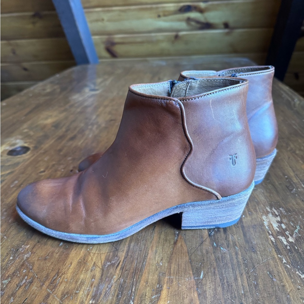 Frye Tan Leather Ankle Booties with Stacked Heel